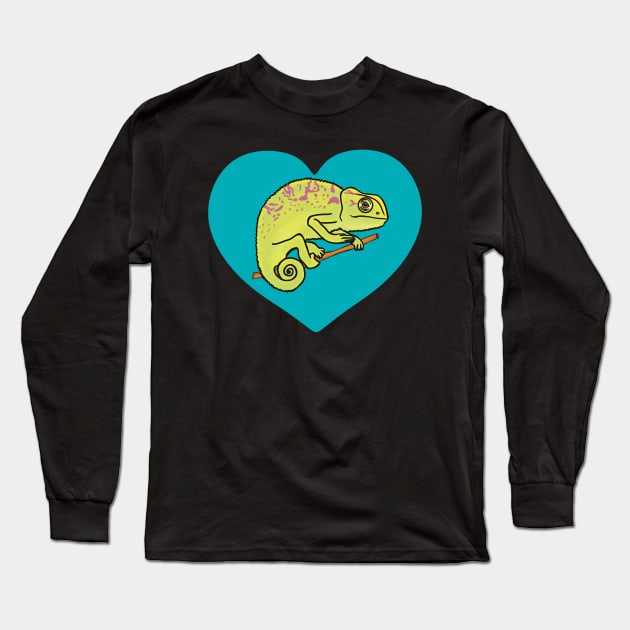 Blue Heart Colorful Chameleon for Chameleon Lovers Long Sleeve T-Shirt by Mochi Merch